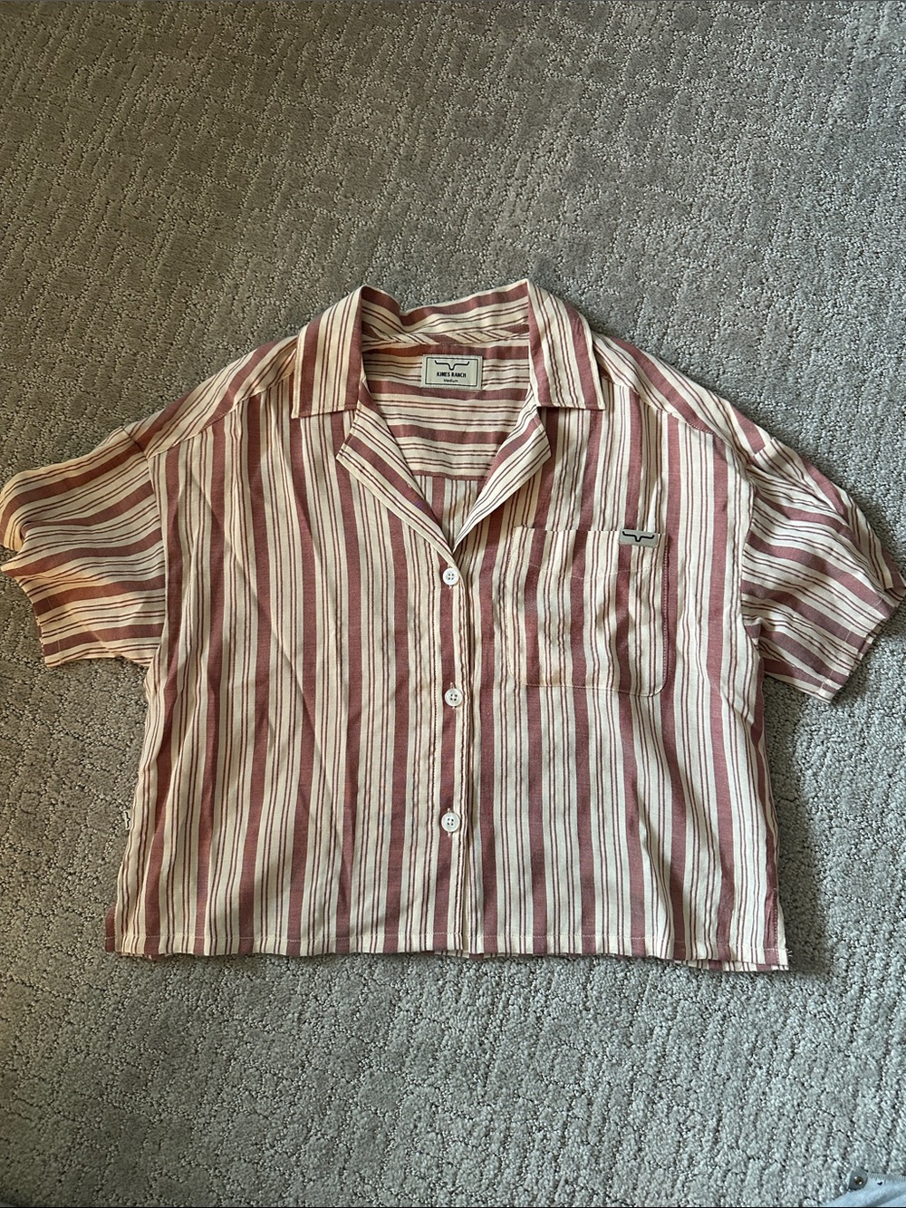 Kimes Ranch Ferris Top Red and Cream Striped Short Sleeve Button-Down Shirt